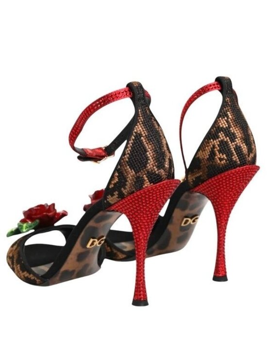 Leopard Crystal Rose Heels Sandals Pumps KEIRA Beige Black Size 39.5 IT 8.5 US - Picture 3 of 8